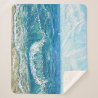 Summer seascape, blue waves, acrylic painting. sherpa blanket