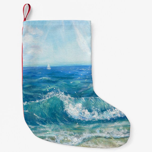 Summer seascape, blue waves, acrylic painting. small christmas stocking (Front)