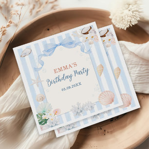 Summer Seashell Blue White Stripes Birthday Napkin