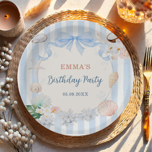 Summer Seashell Blue White Stripes Birthday Paper Plate