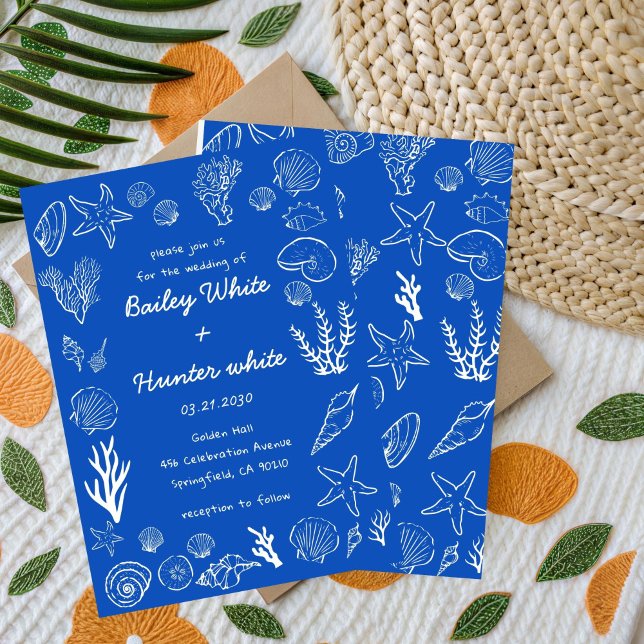  Summer Seashells Frame Beach Wedding Blue Invitation (Creator Uploaded)