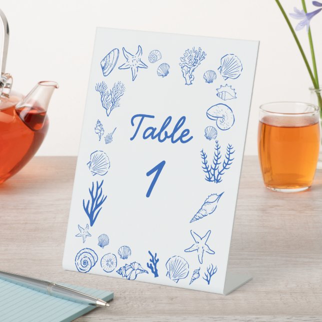 Summer Seashells Frame Beach Wedding Blue Pedestal Sign (In SItu)