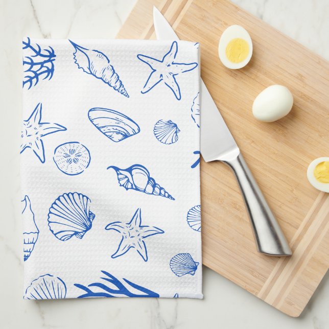 Summer Seashells Frame Beach Wedding Blue  Tea Towel (Quarter Fold)