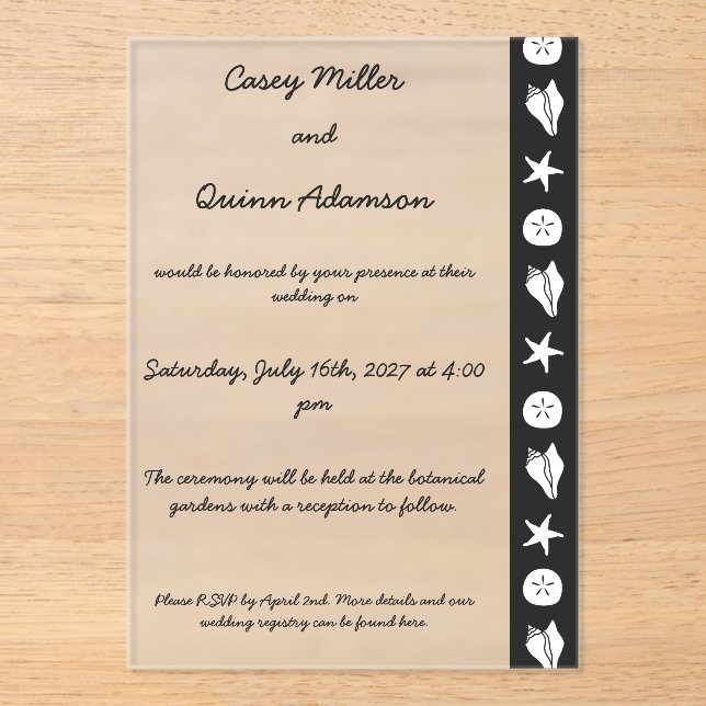 Summer Seashells in Black Acrylic Wedding  Invitations (Front)