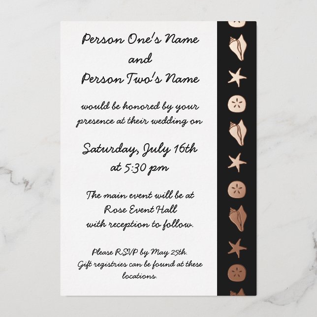 Summer Seashells in Black Foil Invitation (Front)
