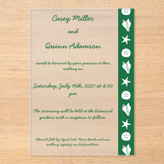 Summer Seashells in Green Acrylic Wedding  Invitations (Front)