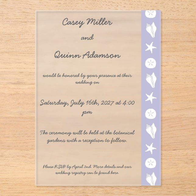 Summer Seashells in Lavender Acrylic Wedding  Invitations (Front)