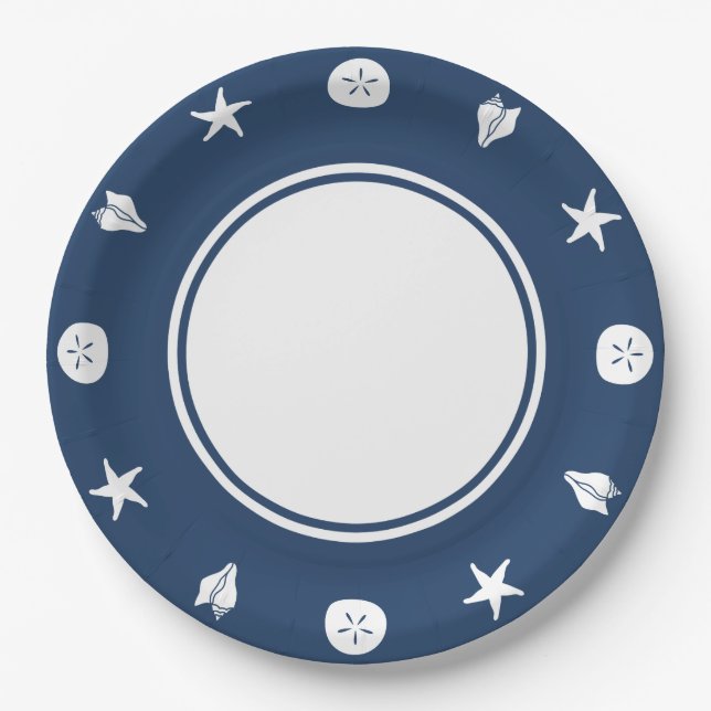 Summer Seashells in Navy Paper Plate (Front)