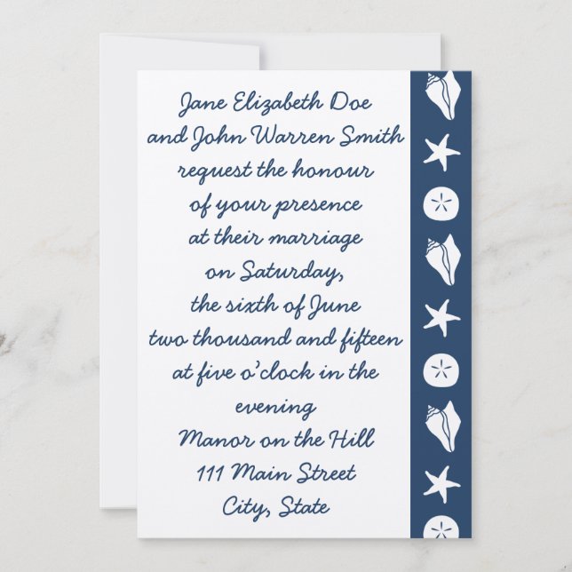 Summer Seashells in Navy Wedding Invitation (Front)