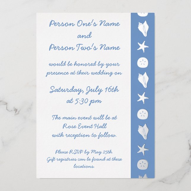 Summer Seashells in Periwinkle Foil Invitation (Front)