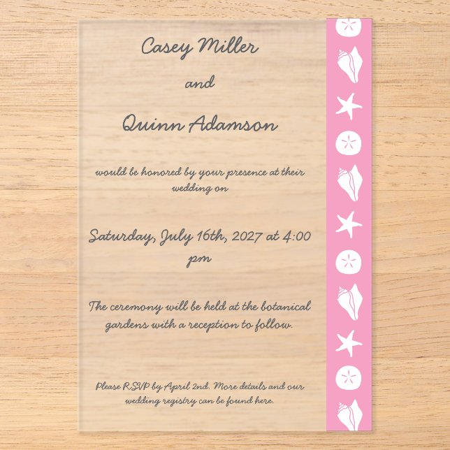 Summer Seashells in Petal Pink Acrylic Wedding  Invitations (Front)