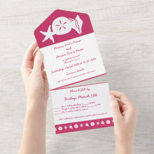 Summer Seashells in Raspberry All In One Invitation