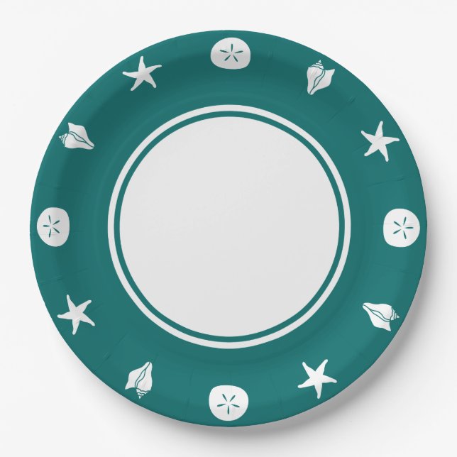 Summer Seashells in Teal Paper Plate (Front)