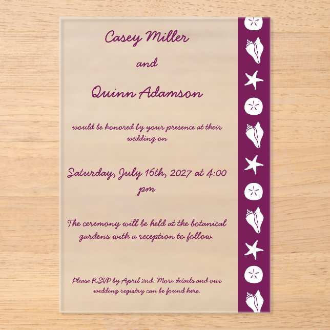 Summer Seashells in Wine Acrylic Wedding  Invitations (Front)