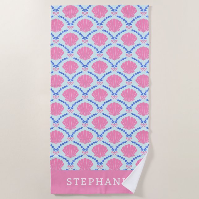 Summer Seashells Pink Bows Personalized Beach Towel (Front)