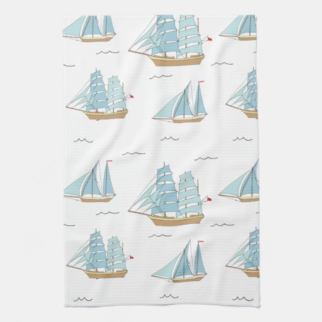 Summer Seatime Cute yachts with sail Tea Towel (Vertical)