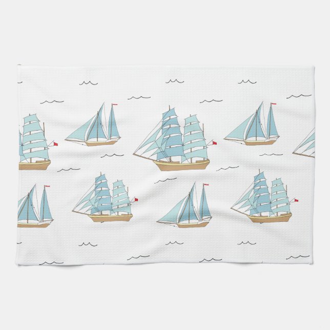 Summer Seatime Cute yachts with sail Tea Towel (Horizontal)