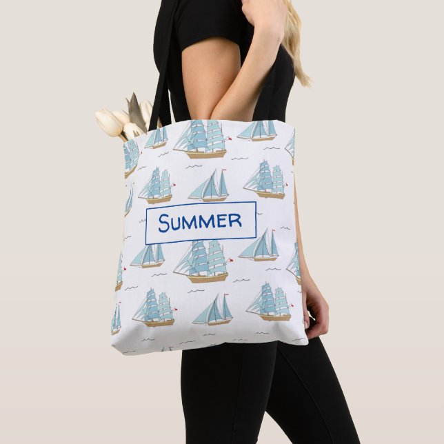 Summer Seatime Cute yachts with sail Tote Bag (Close Up)