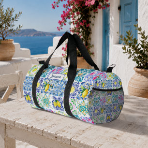 Summer Sicilian Blue Yellow Citrus Azulejo Duffle Bag