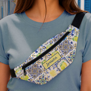Summer Sicilian Majolica Blue Yellow Citrus Floral Bum Bags