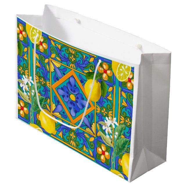 Summer ,Sicilian tiles ,citrus,oranges,majolica    Large Gift Bag (Front Angled)