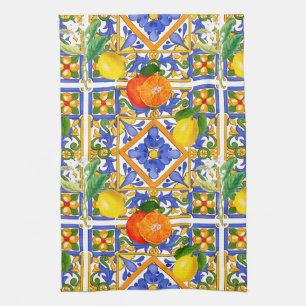 Summer ,Sicilian tiles ,citrus,oranges,majolica    Tea Towel