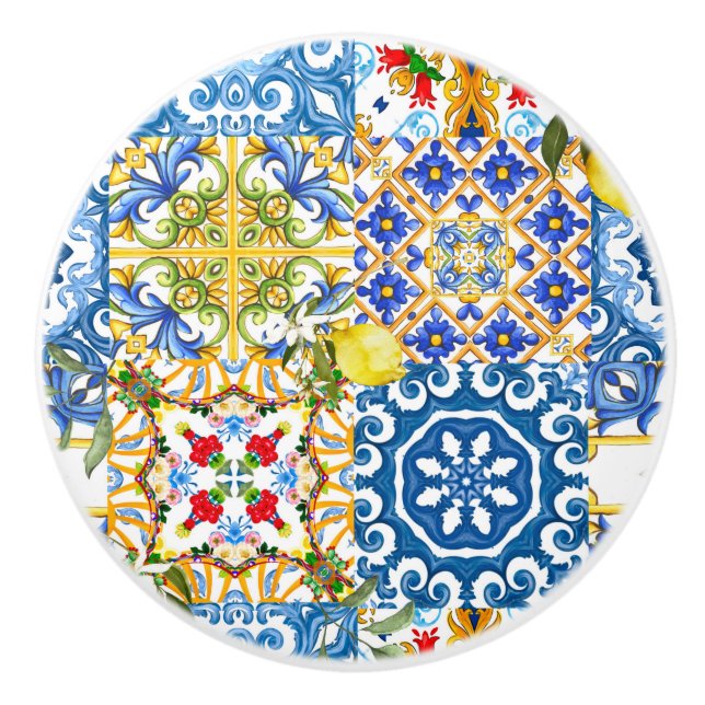 Summer ,Sicilian tiles ,majolica,Mediterranean   Ceramic Knob (Front)