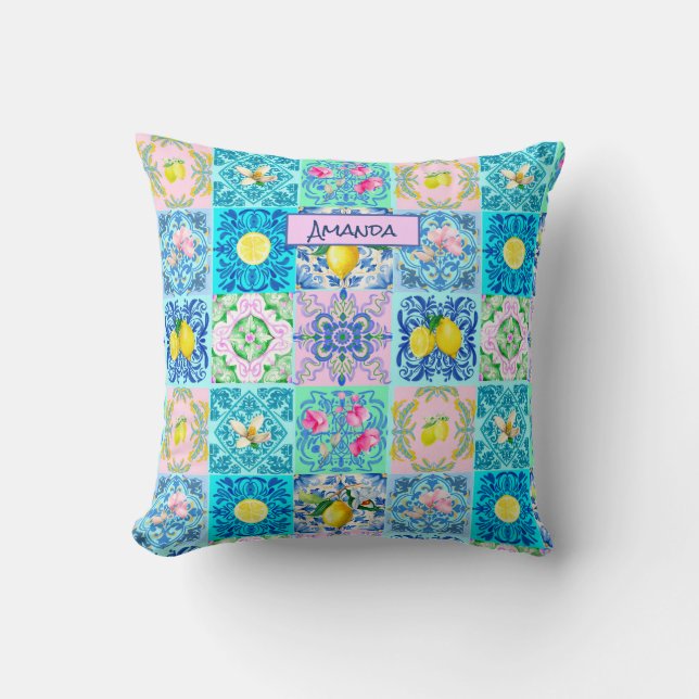 Summer Sicilian turquoise colourful azulejo Amalfi Cushion (Front)