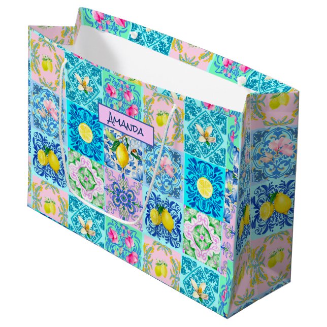 Summer Sicilian turquoise colourful azulejo Amalfi Large Gift Bag (Front Angled)