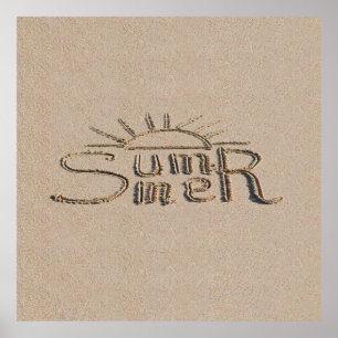 Summer sign carved on the beach sand