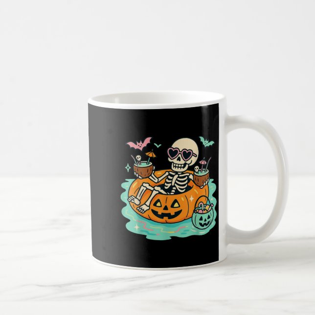 Summer Skeleton In Pumpkin Float Cute Spooky Pool  Coffee Mug (Right)