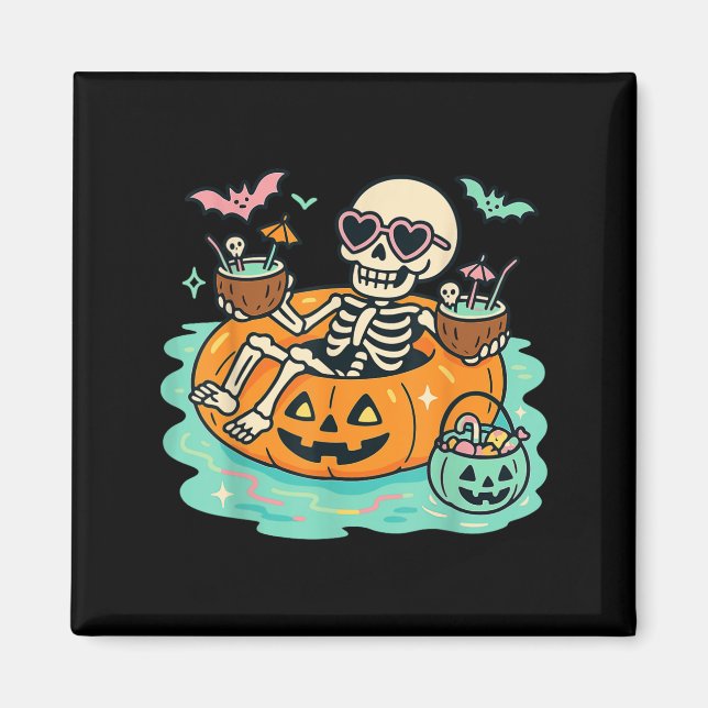 Summer Skeleton In Pumpkin Float Cute Spooky Pool  Magnet (Front)