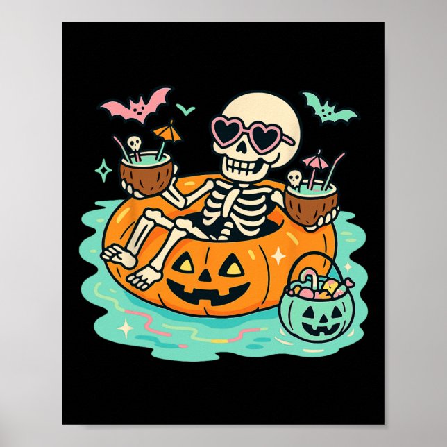 Summer Skeleton In Pumpkin Float Cute Spooky Pool  Poster (Front)