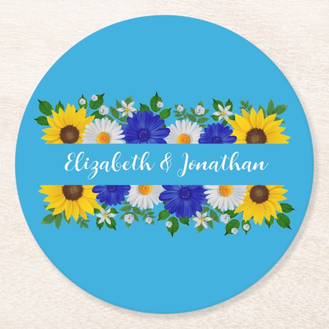Summer Sky Blue Floral Wedding Round Paper Coaster (Front)