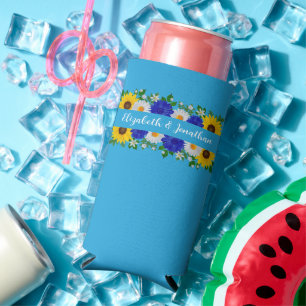 Summer Sky Blue Floral Wedding Seltzer Can Cooler