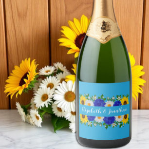 Summer Sky Blue Floral Wedding Sparkling Wine Label