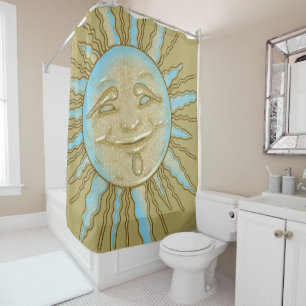 Summer Smiling Sun Blue Gold Shower Curtain