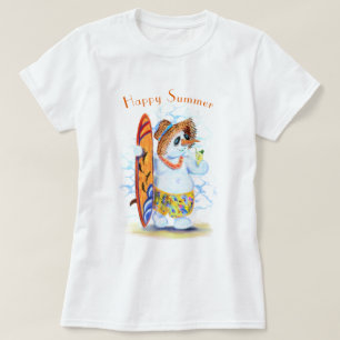 Summer Snowman Surfer Drinks Cocktail Custom Text T-Shirt