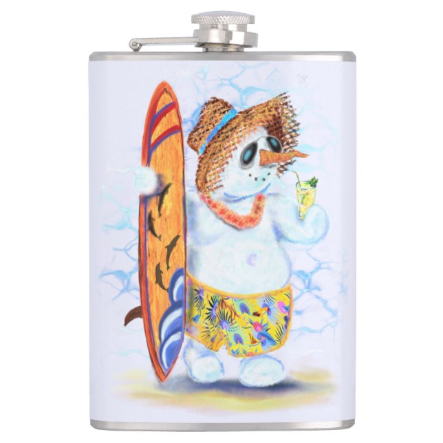 Summer Snowman Surfer Drinks Flask (Front)