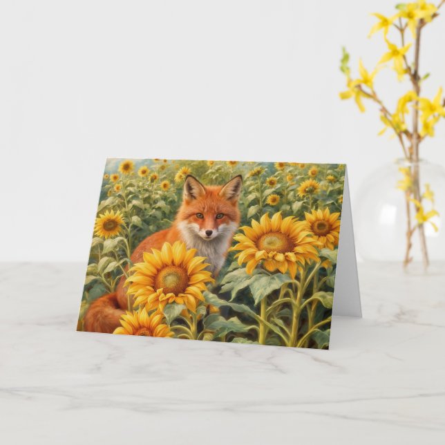 Summer Solstice Litha Red Fox and Sunflowers Card (Yellow Flower)