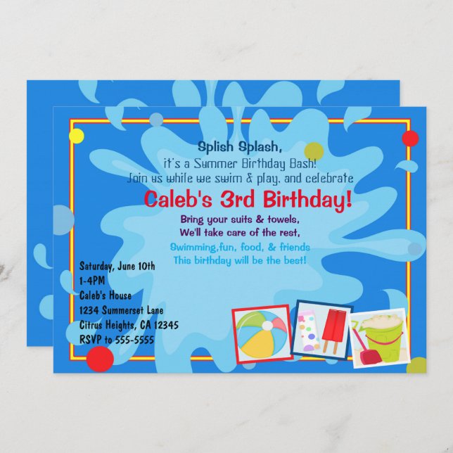Summer Splash Pool Party Birthday Invitations (Front/Back)