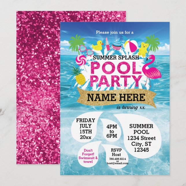 Summer Splash Pool Party Invitation 5 x 7 (Front/Back)