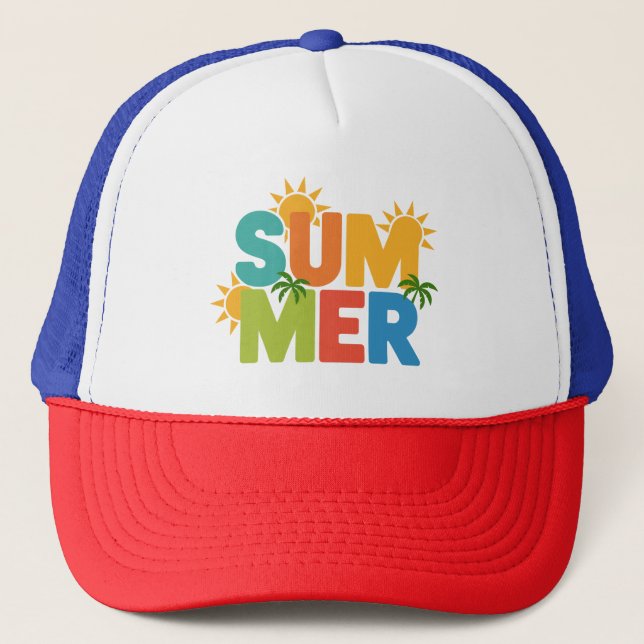SUMMER Split Pop – Colorful Tropical Vibes Trucker Hat (Front)