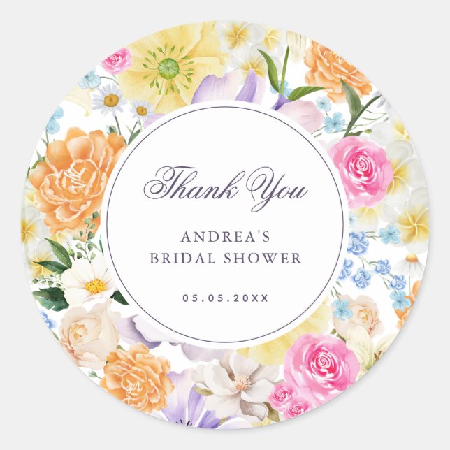 Summer Spring Garden Party Bridal Shower Thank You Classic Round Sticker (Front)