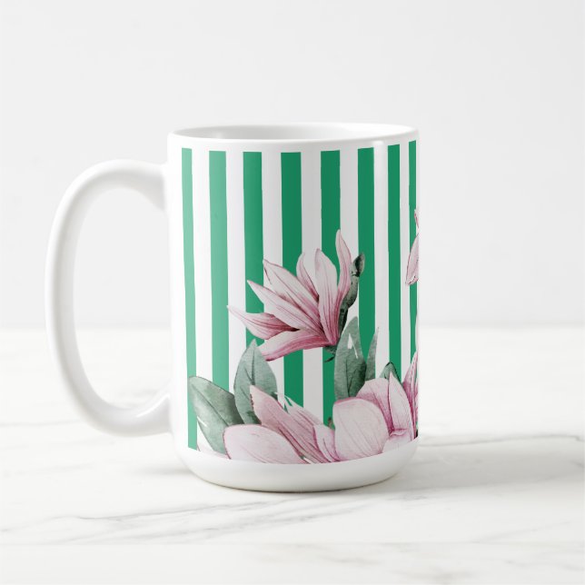 Summer, spring, green stripe magnolia print  coffee mug (Left)