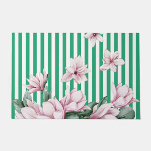 Summer, spring, green stripe magnolia print doormat