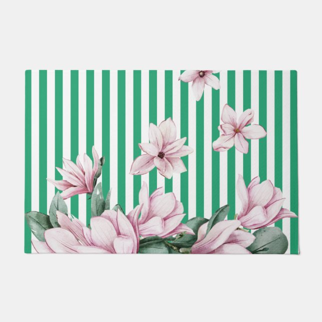 Summer, spring, green stripe magnolia print   doormat (Front)