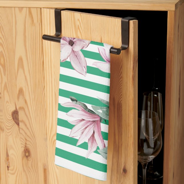 Summer, spring, green stripe magnolia print   tea towel (Thirds Fold)