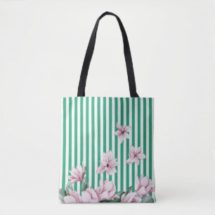 Summer, spring, green stripe magnolia print tote bag