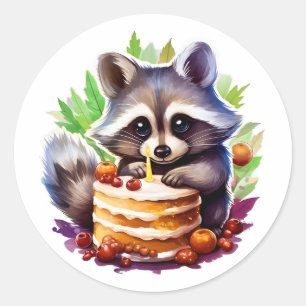 Summer Spring racoon with a 1th birthday cake Classic Round Sticker